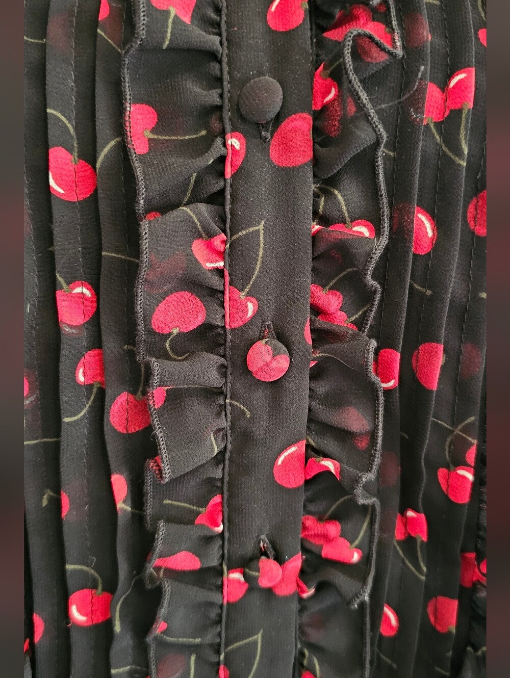 Torrid 4X Black Chiffon Tunic with Red Cherry Dot Print and Ruffles - Picture 2 of 5